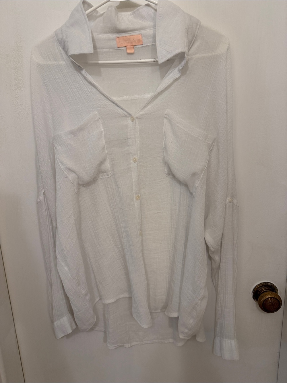 Charmed Hearts White Button-Front Gauze Blouse with Chest Pockets
